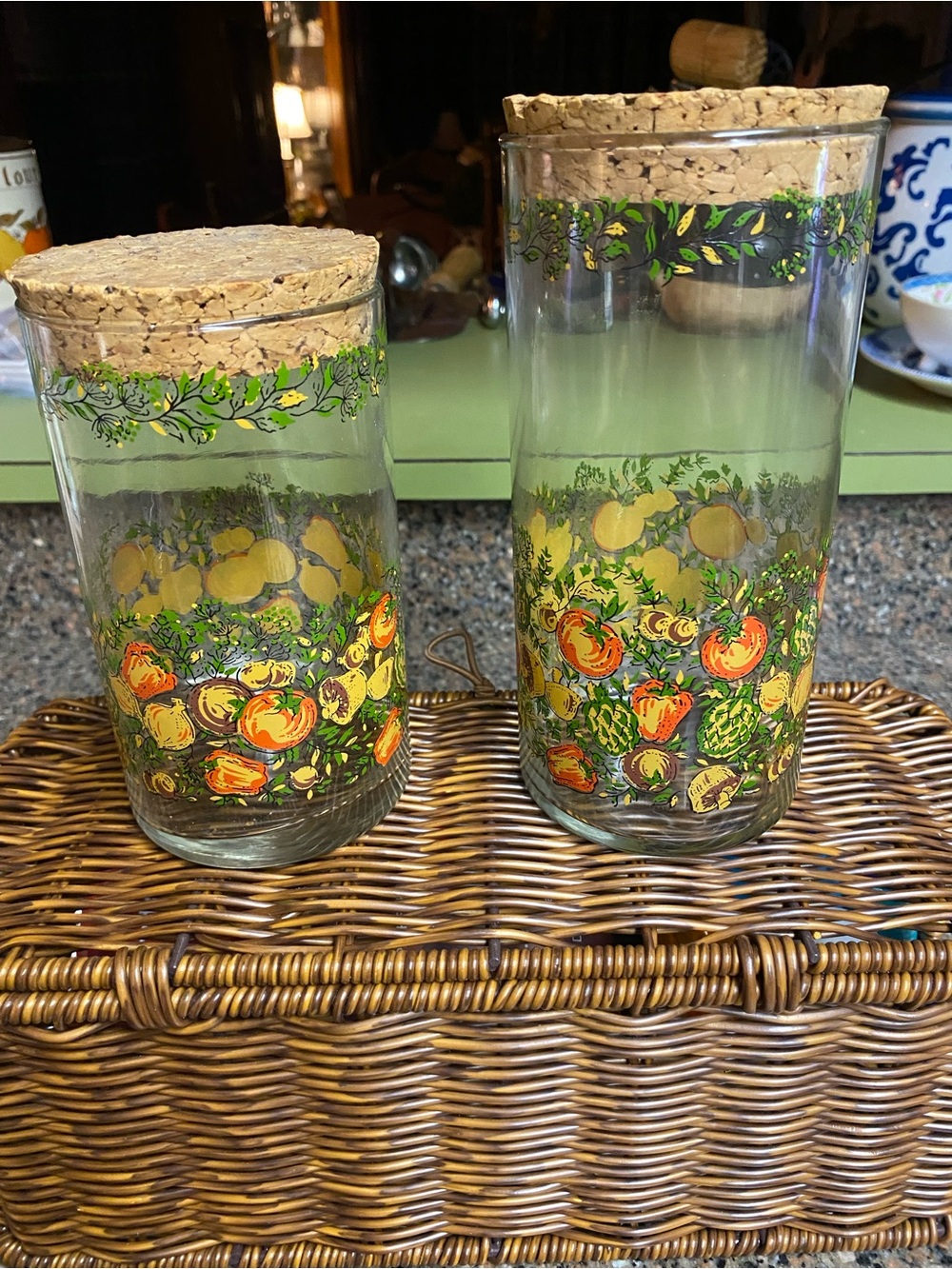 Vintage Spice of Life Glass Canister Set with Cork Lids Mushroom/Veggie Motif - Picture 2 of 9